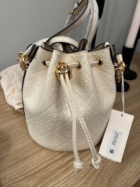 Tory Burch Cream Embossed Leather Bucket Crossbody with Gold Hardware